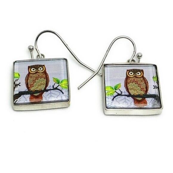Zarah Hoot Owl Dangle Earrings Sterling Silver Reversible Art Glass 2 Designs
